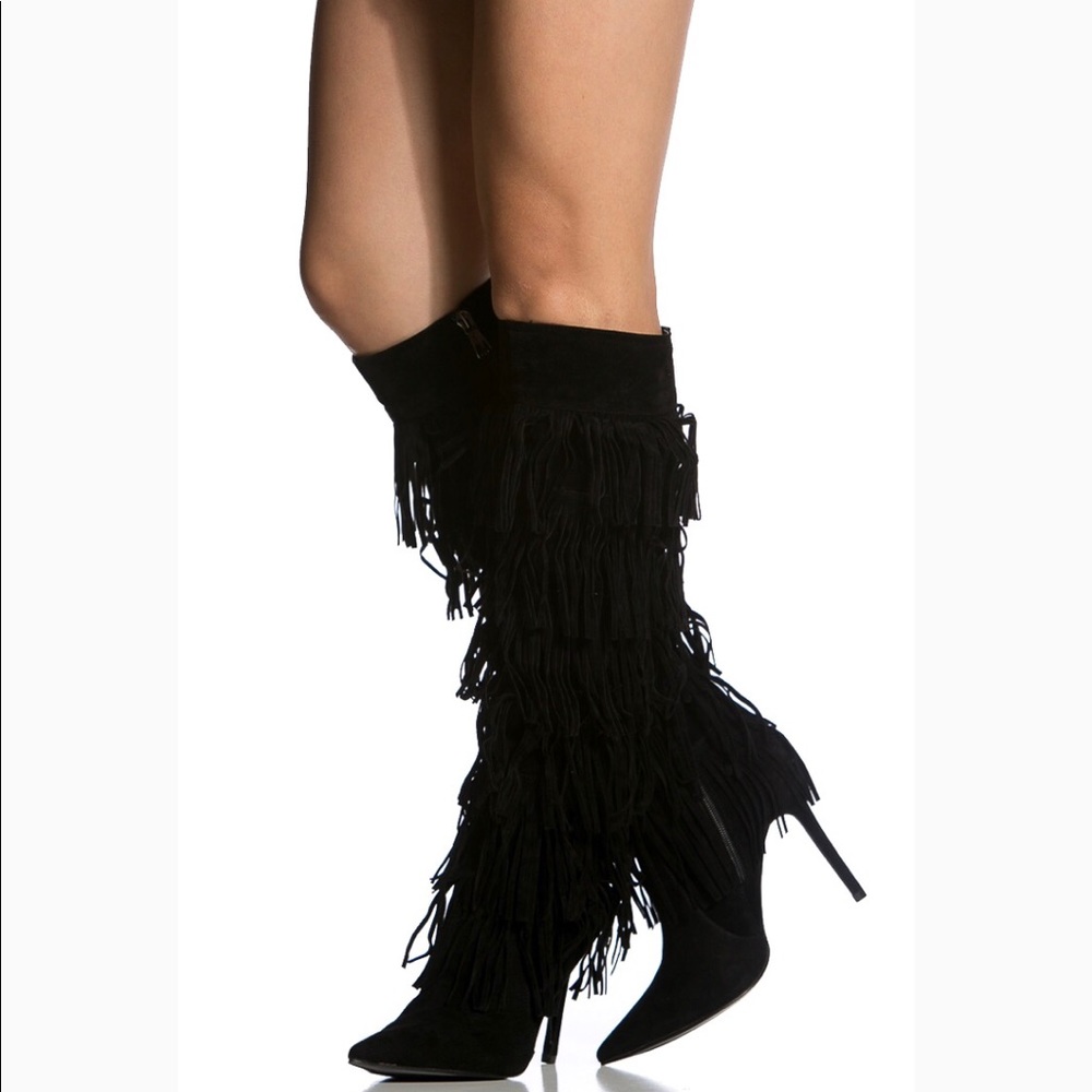 Suede black fringe knee high boots
